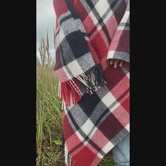 Red plaid poncho with hood, upcycled from vintage wool blanket, cozy checkered cape, handmade poncho for women.