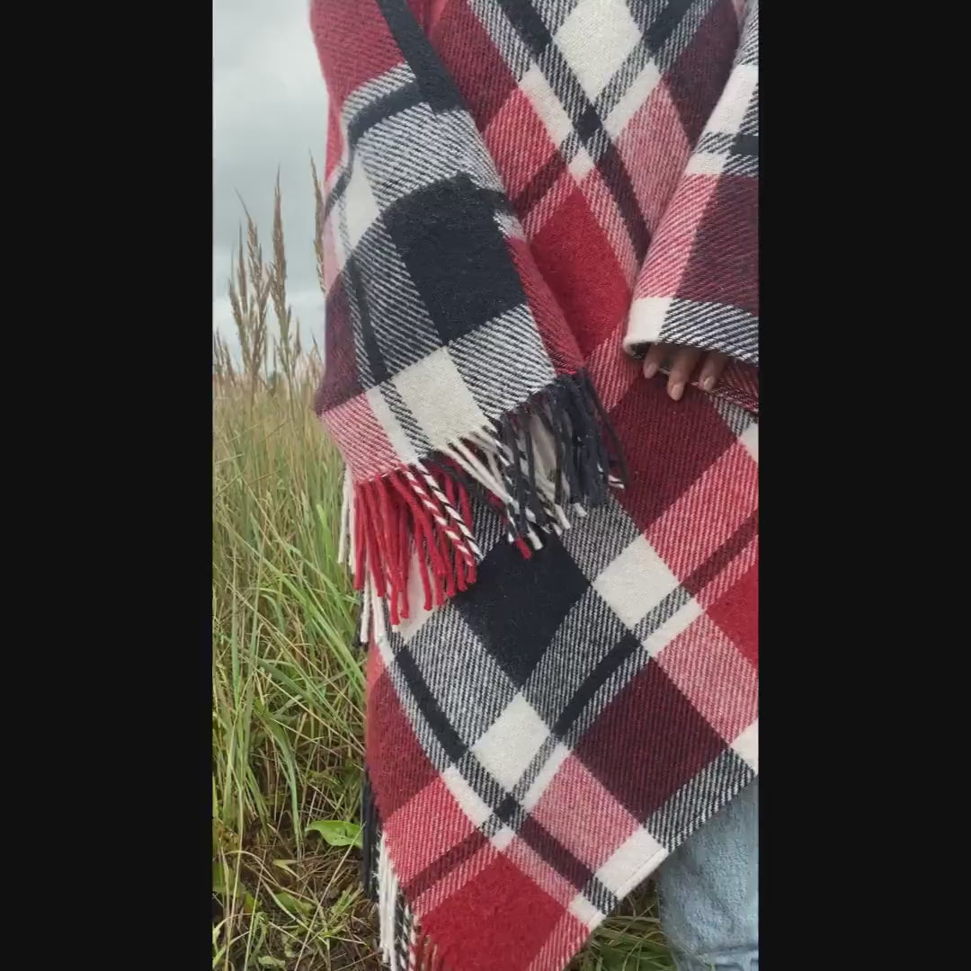 Red plaid poncho with hood, upcycled from vintage wool blanket, cozy checkered cape, handmade poncho for women.