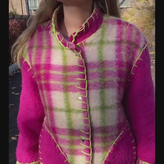 Wool Blanket Jacket Pink Green, Upcycled Coat, Handmade Oversized Plaid Jacket S/M