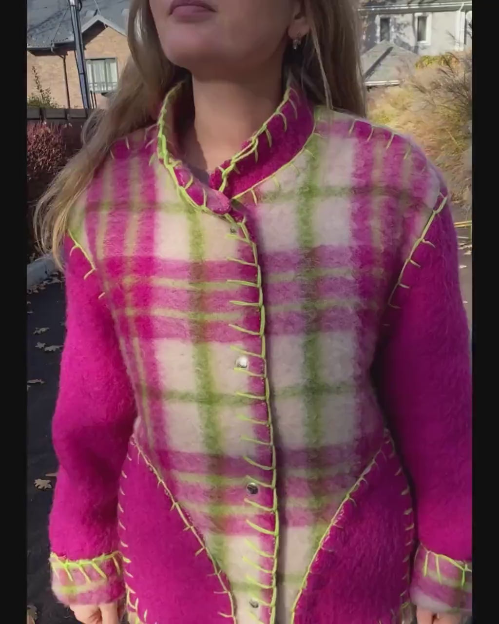 Wool Blanket Jacket Pink Green, Upcycled Coat, Handmade Oversized Plaid Jacket S/M