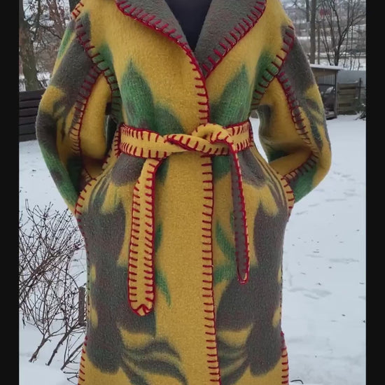 Handmade Vintage Wool Blanket Coat, Upcycled Boho Wrap with Belt