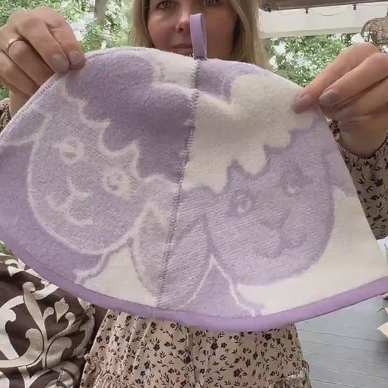 Lavender Sheep Print Wool Sauna Hat, Felted Banya Cap, Upcycled Blanket Protection