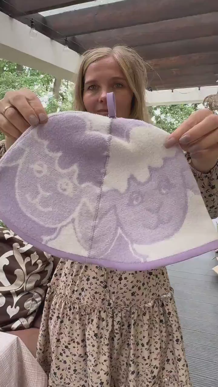 Lavender Sheep Print Wool Sauna Hat, Felted Banya Cap, Upcycled Blanket Protection