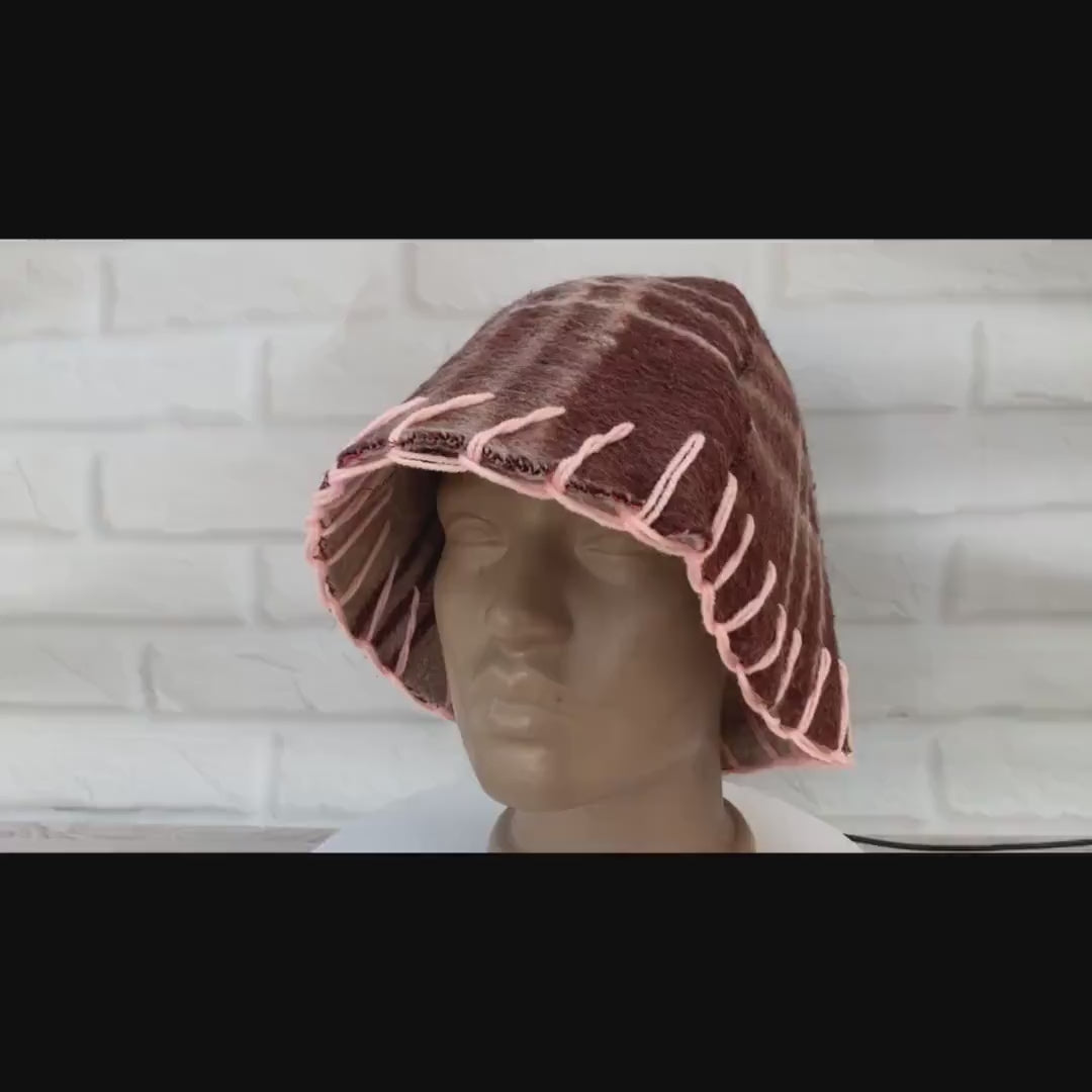 Brown Wool Sauna Hat with Floral, Handmade from Upcycled Vintage Blanket, Unisex Spa Hat,Spa Wellness Accessory,Unique Gift for Sauna.
