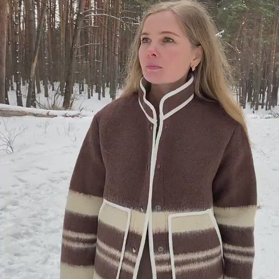 Upcycled Wool Blanket Coat size M, Handmade Boho Winter Jacket, Sustainable Recycled Outerwear