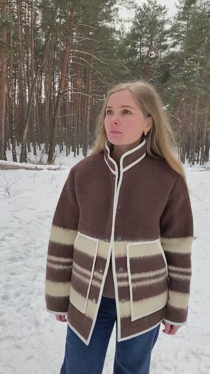 Upcycled Wool Blanket Coat size M, Handmade Boho Winter Jacket, Sustainable Recycled Outerwear