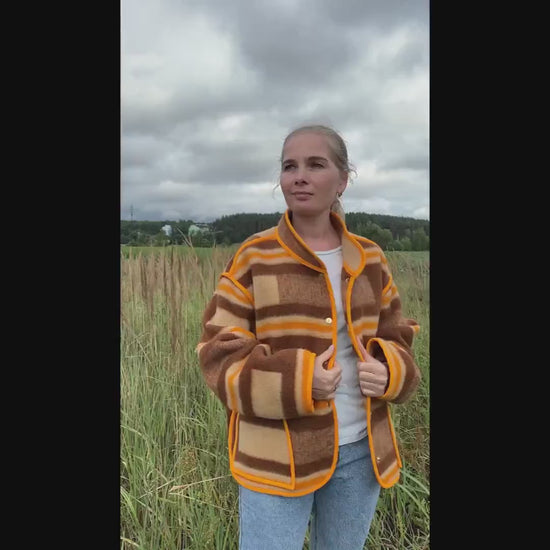 Vintage Wool Blanket Jacket L, Handmade Upcycled Coat, Eco Wool Jacket for Women, Brown Orange Recycled Blanket Coat, Oversize Retro Jacket