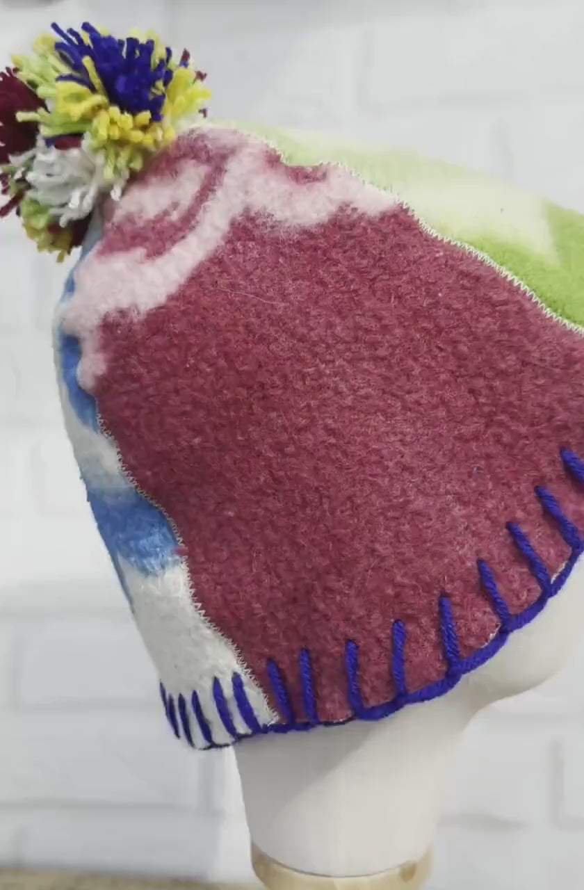 Eco-Friendly Upcycled Wool Sauna Hat 4-Panel Patchwork Design