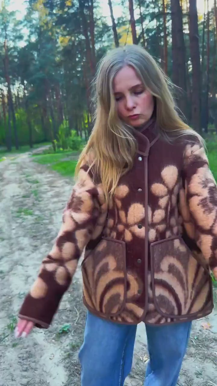Upcycled Vintage Wool Blanket Jacket, Floral Botanical Cottagecore Outerwear (Size M)