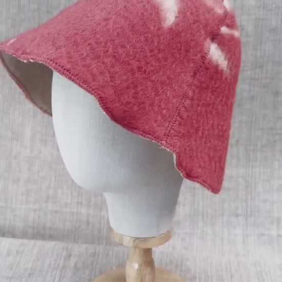 Upcycled Wool Sauna Hat, Coral Red Cream Banya Cap, Eco Felted Spa Bonnet