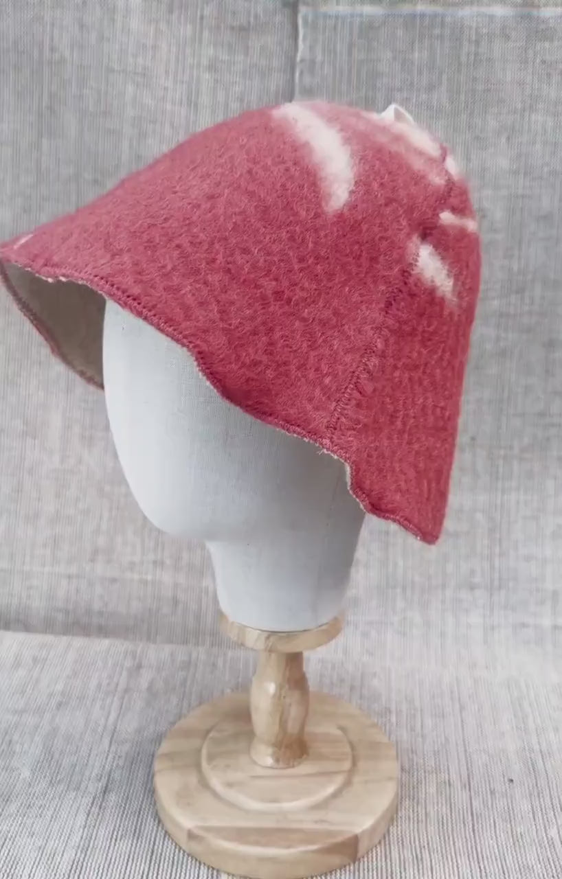 Upcycled Wool Sauna Hat, Coral Red Cream Banya Cap, Eco Felted Spa Bonnet