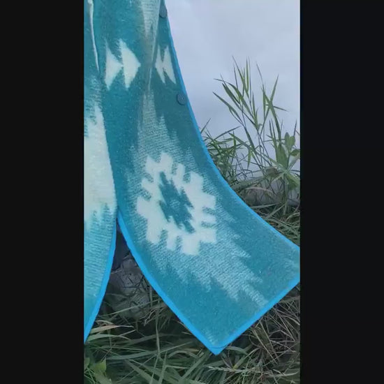 Vintage Wool Blanket Vest Size 46–48 M L, Handmade Long Sleeveless Coat Upcycled Blue Boho Outerwear One of a Kind Warm Layer,blanket coat.