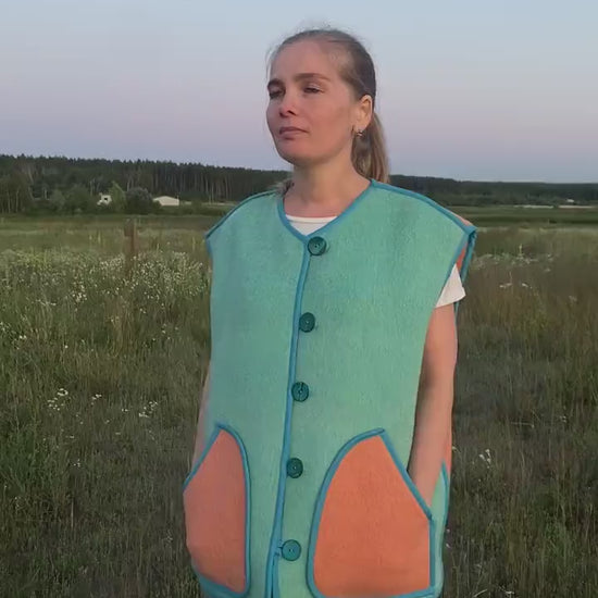 Handmade Upcycled Wool Vest, Vintage Blanket, Blue Peach Pockets, M/L
