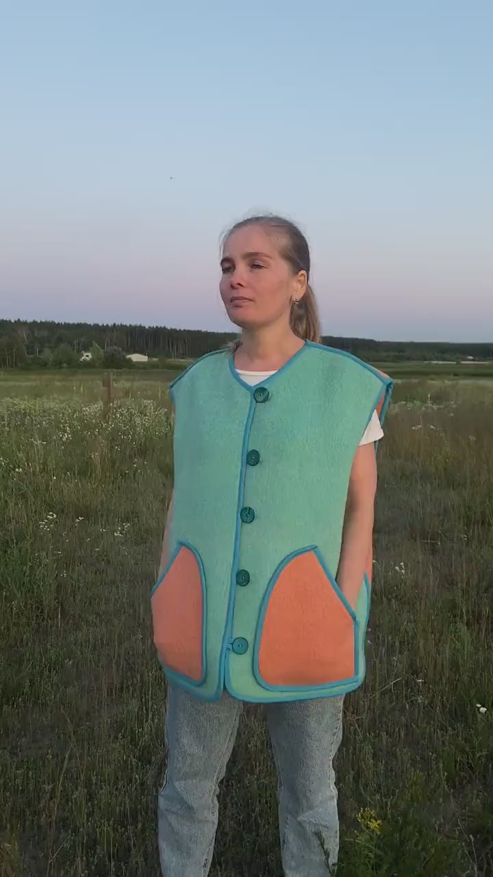 Handmade Upcycled Wool Vest, Vintage Blanket, Blue Peach Pockets, M/L
