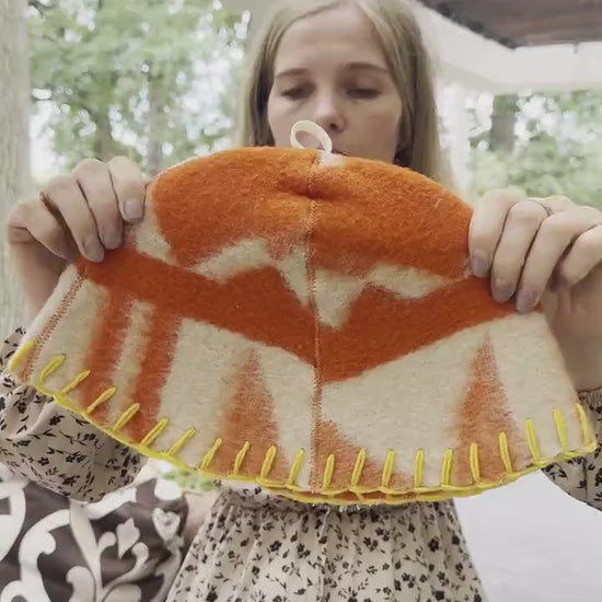 Handmade Upcycled Wool Blanket Sauna Hat – Burnt Orange Cream