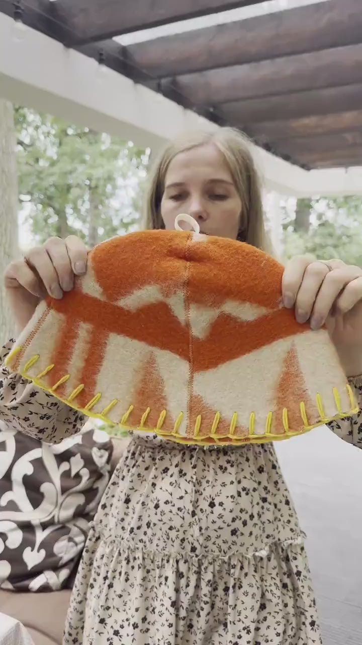 Handmade Upcycled Wool Blanket Sauna Hat – Burnt Orange Cream