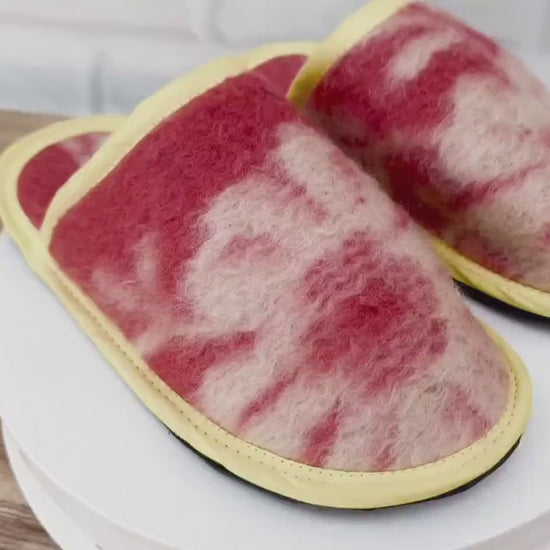 Upcycled Wool Blanket Slippers, Red Cream Slides, Yellow Trim, Women's Size 6.5