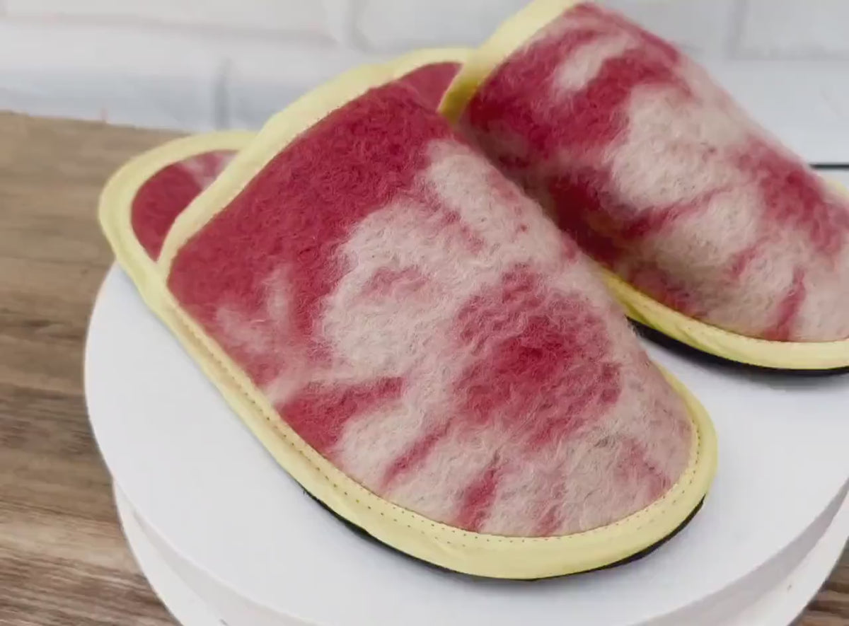 Upcycled Wool Blanket Slippers, Red Cream Slides, Yellow Trim, Women's Size 6.5