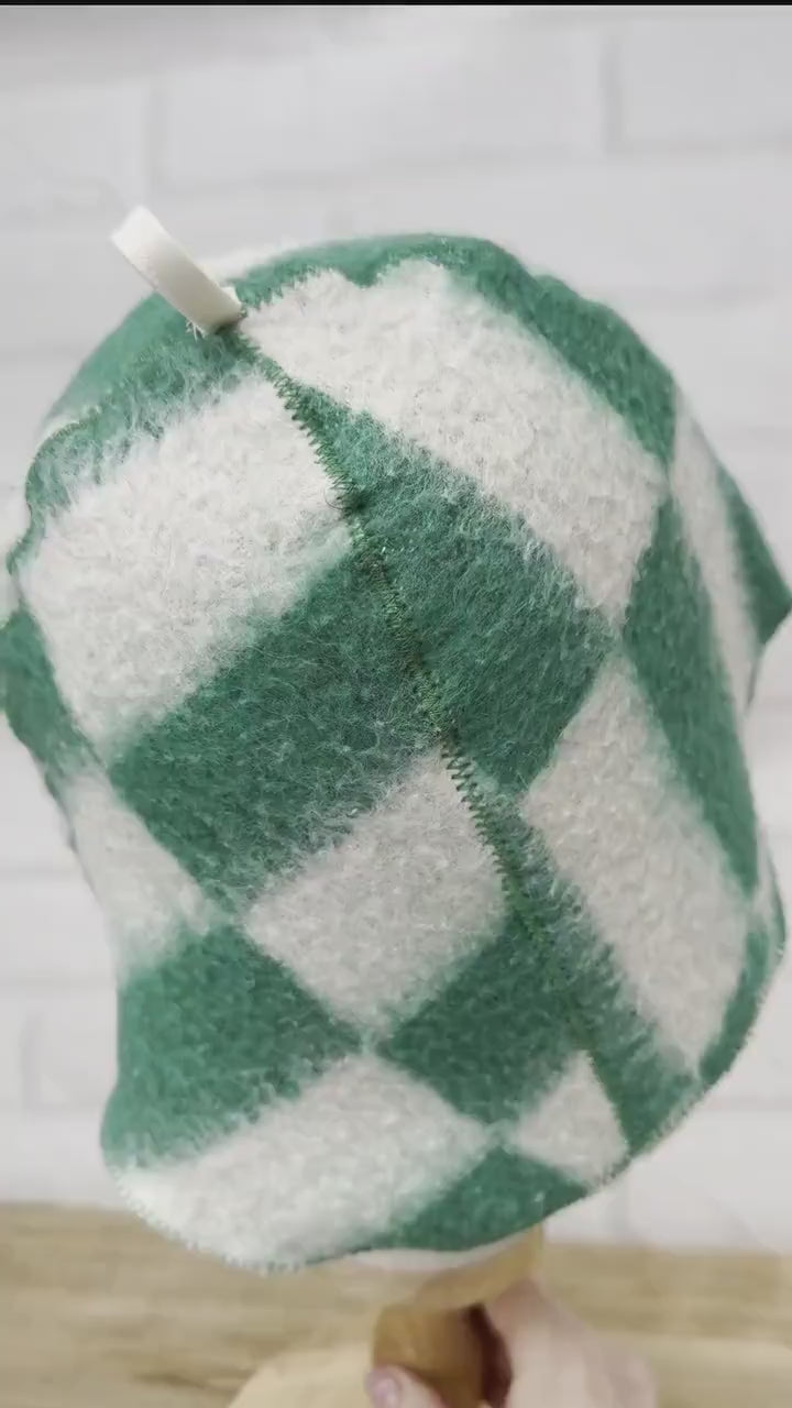 Wool Sauna Hat, Green White Checkered Felted Cap, Banya Spa Protection