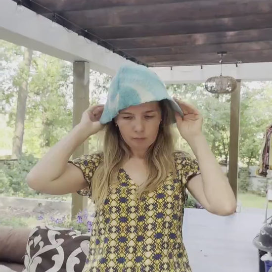 Handmade Upcycled Wool Sauna Hat – Turquoise Blue Abstract Cloud Pattern (Eco-Friendly Spa Accessory)