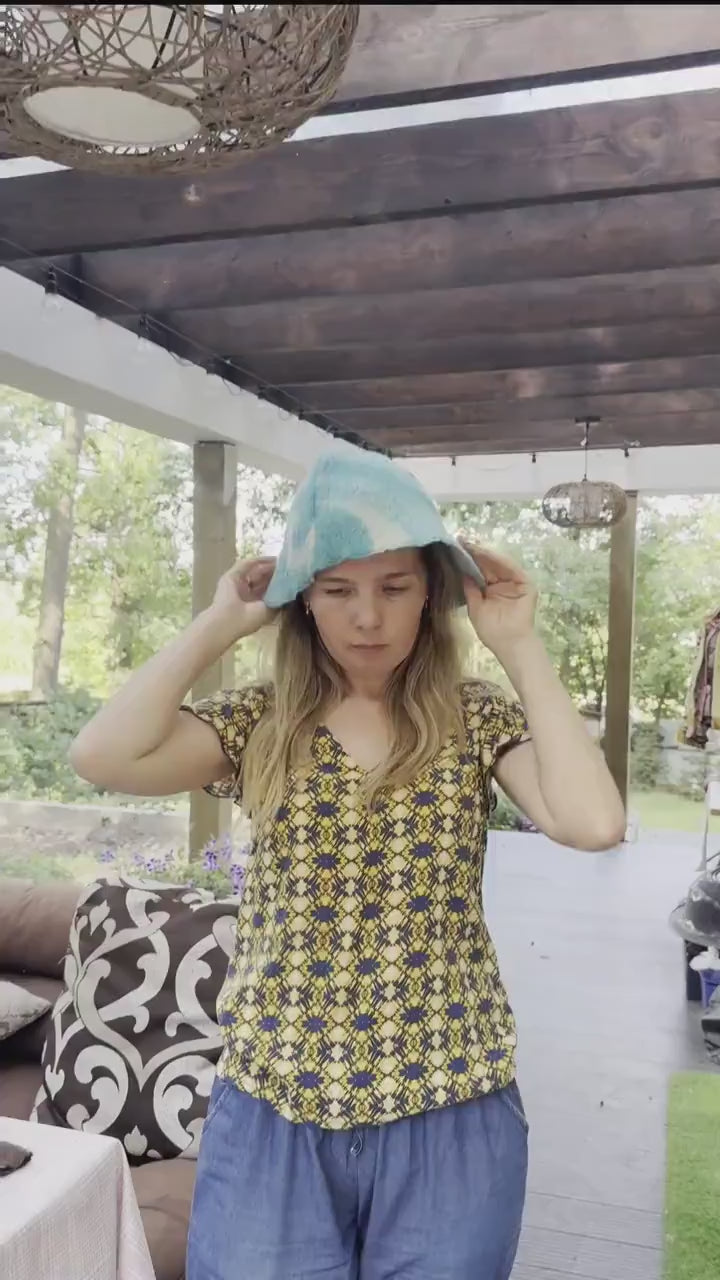 Handmade Upcycled Wool Sauna Hat – Turquoise Blue Abstract Cloud Pattern (Eco-Friendly Spa Accessory)