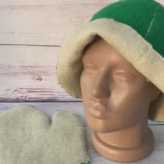 Wool sauna hat mitten natural, handmade felted bath hat, ecoriendly wool hat recycled blanket hat, green sauna cap,gift for sauna lovers.