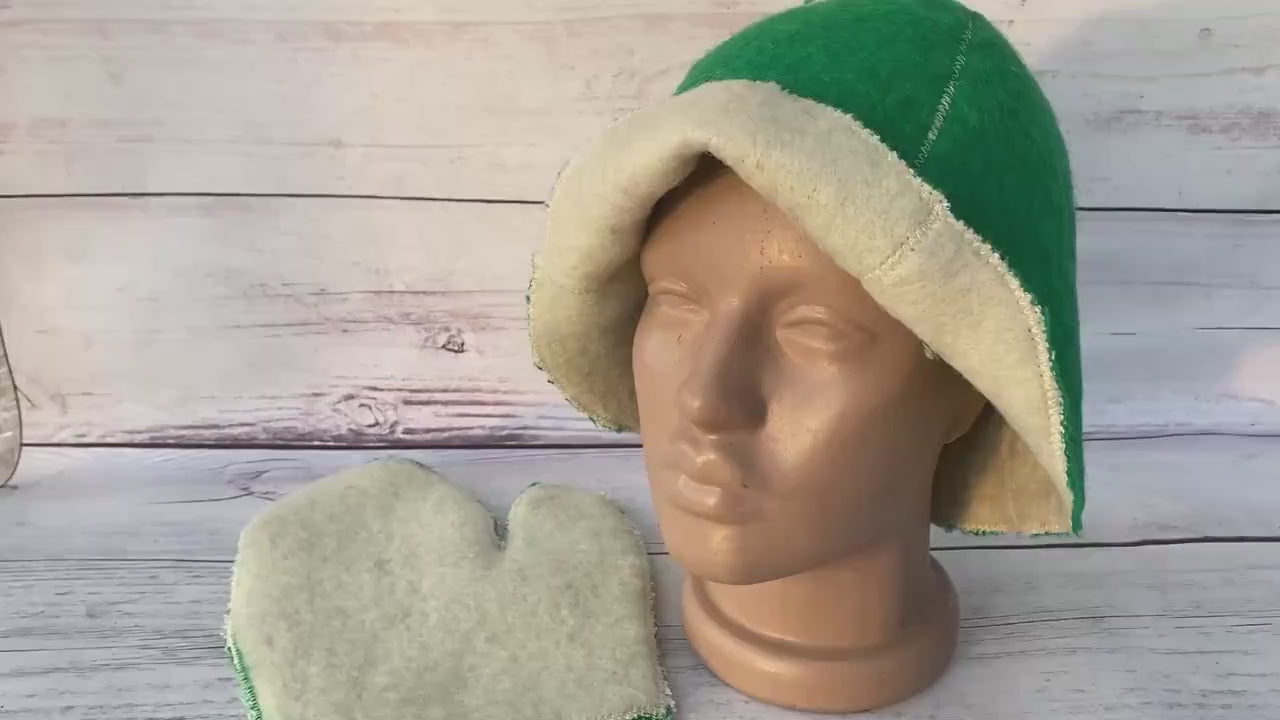 Wool sauna hat mitten natural, handmade felted bath hat, ecoriendly wool hat recycled blanket hat, green sauna cap,gift for sauna lovers.