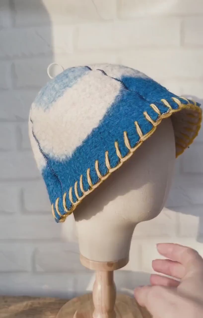 Reversible Wool Sauna Hat , Upcycled Vintage Blanket ,  Handcrafted Protection for Banya  Spa