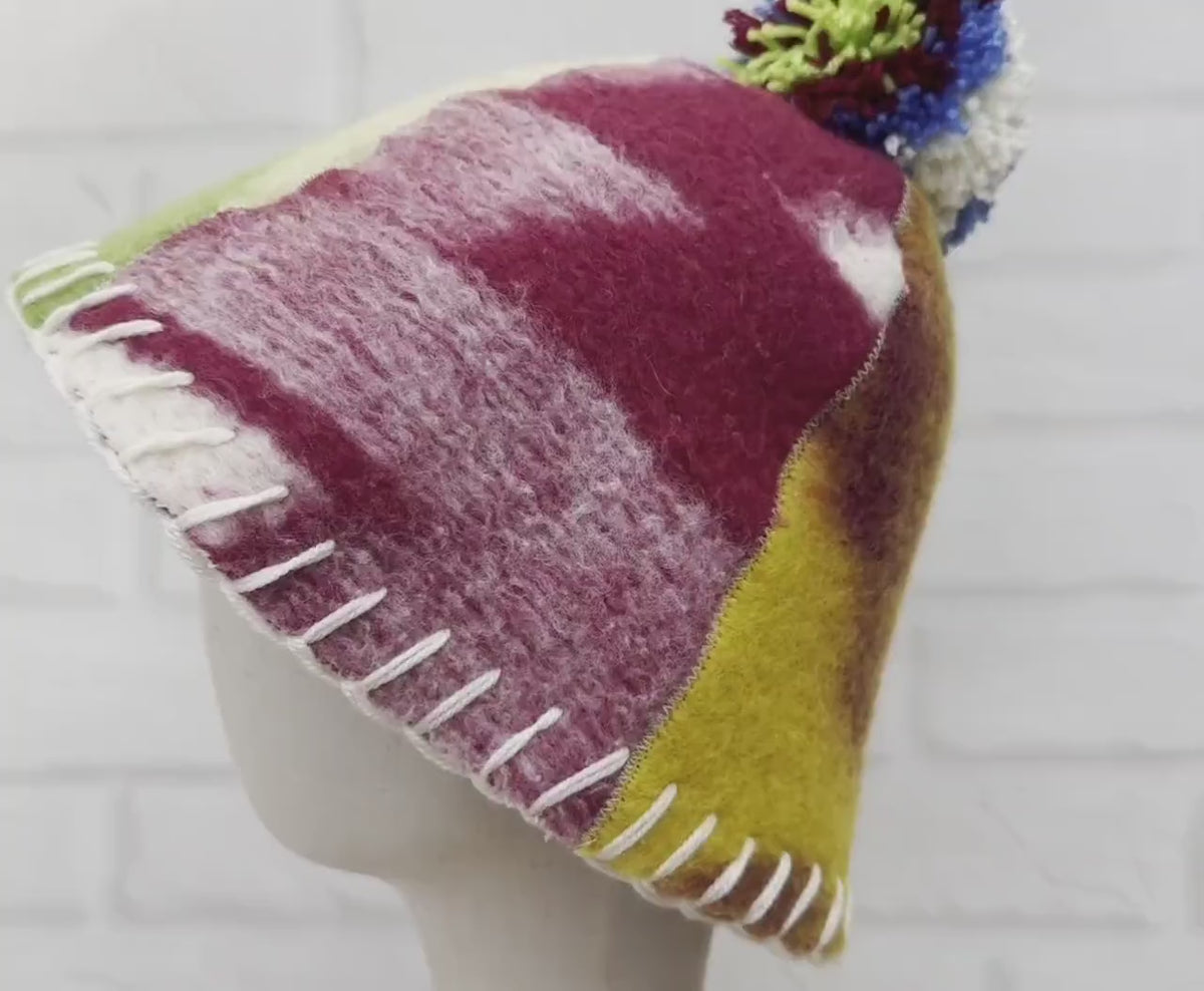 Eco-Friendly Upcycled Wool Sauna Hat 4-Panel Patchwork Design