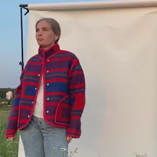 Upcycled Wool Blanket Jacket, Red Blue Striped Coat Handmade Folk Outerwear,Vintage Recycled Wool Size M,wollen jacket womens,gift for her.