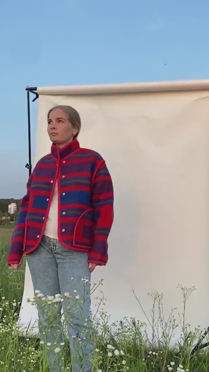 Upcycled Wool Blanket Jacket, Red Blue Striped Coat Handmade Folk Outerwear,Vintage Recycled Wool Size M,wollen jacket womens,gift for her.