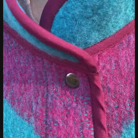 Vintage Wool Blanket Jacket, Handmade Quilted Coat, Upcycled blue Jacket Size L, Warm Ethnic Pattern Coat