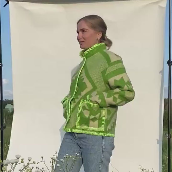 Wool Blanket Jacket Size S/M, vintage Boho Green Geometric Folk Coat Handmade Upcycled Eco Wool Outerwear, Ukrainian Wool, gift for her.