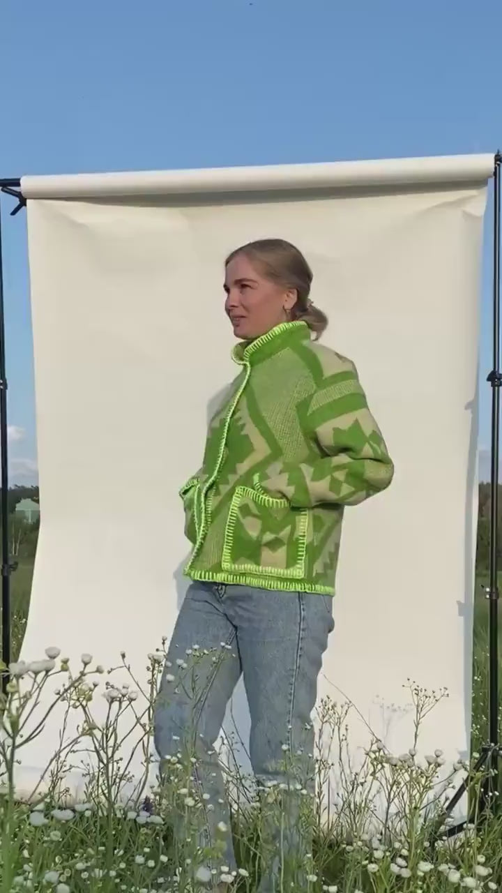 Wool Blanket Jacket Size S/M, vintage Boho Green Geometric Folk Coat Handmade Upcycled Eco Wool Outerwear, Ukrainian Wool, gift for her.