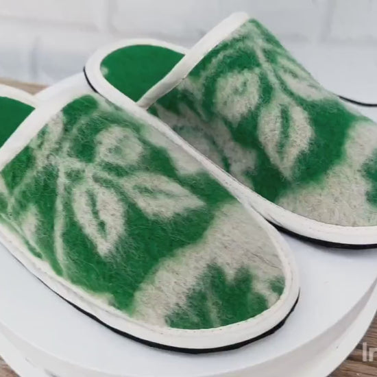 Upcycled Wool Botanical Pattern Slippers – Handmade House Shoes (EU 42)