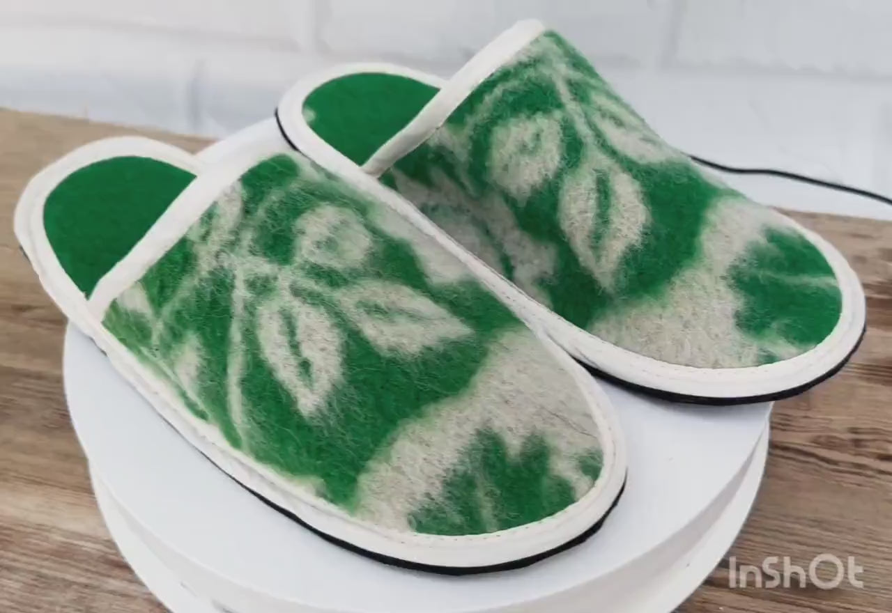 Upcycled Wool Botanical Pattern Slippers – Handmade House Shoes (EU 42)