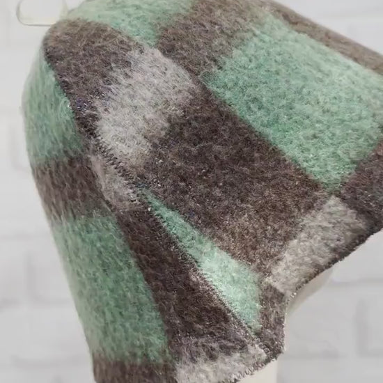 Eco-Friendly Upcycled Wool Sauna Hat, Handcrafted from Vintage Plaid Blanket, One-of-a-Kind, Gray and Green