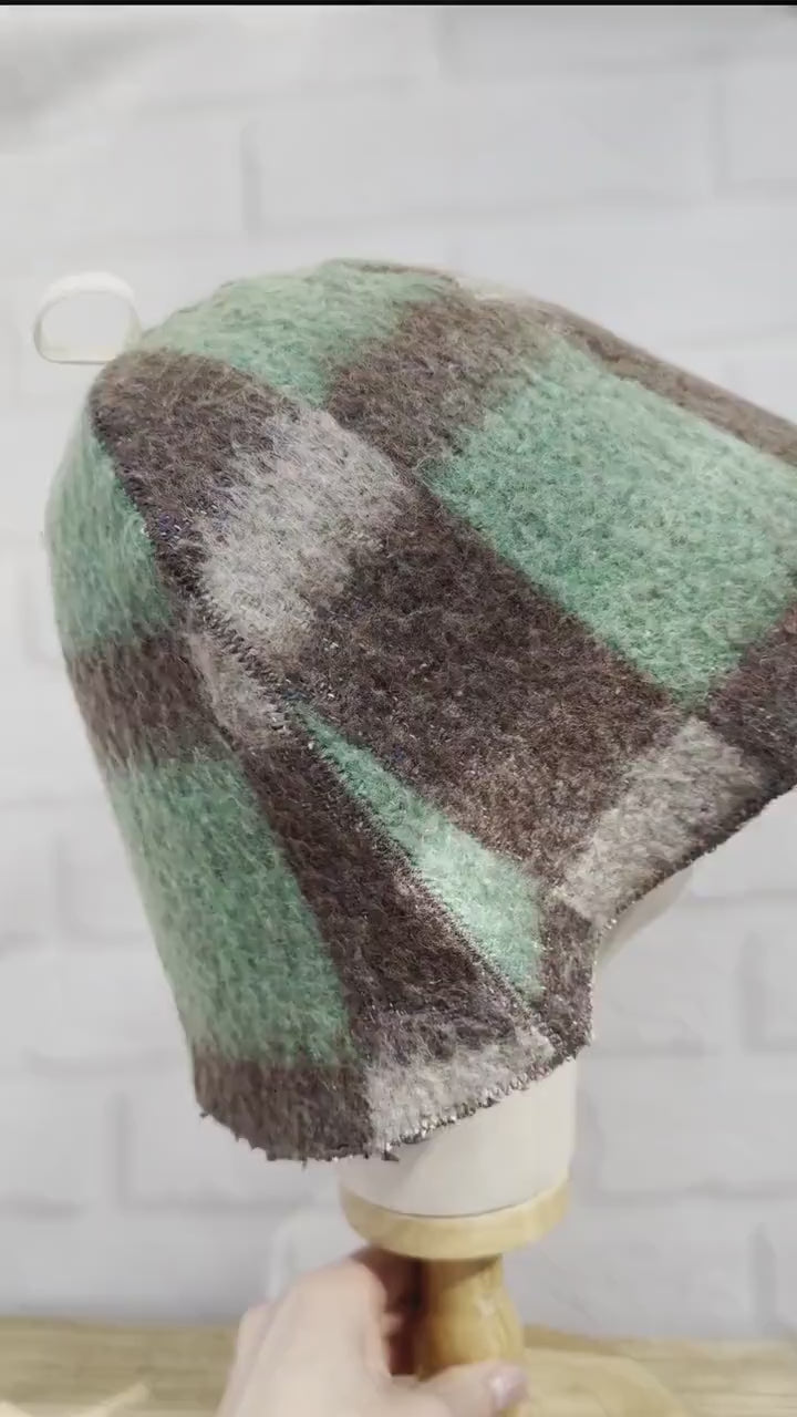 Eco-Friendly Upcycled Wool Sauna Hat, Handcrafted from Vintage Plaid Blanket, One-of-a-Kind, Gray and Green
