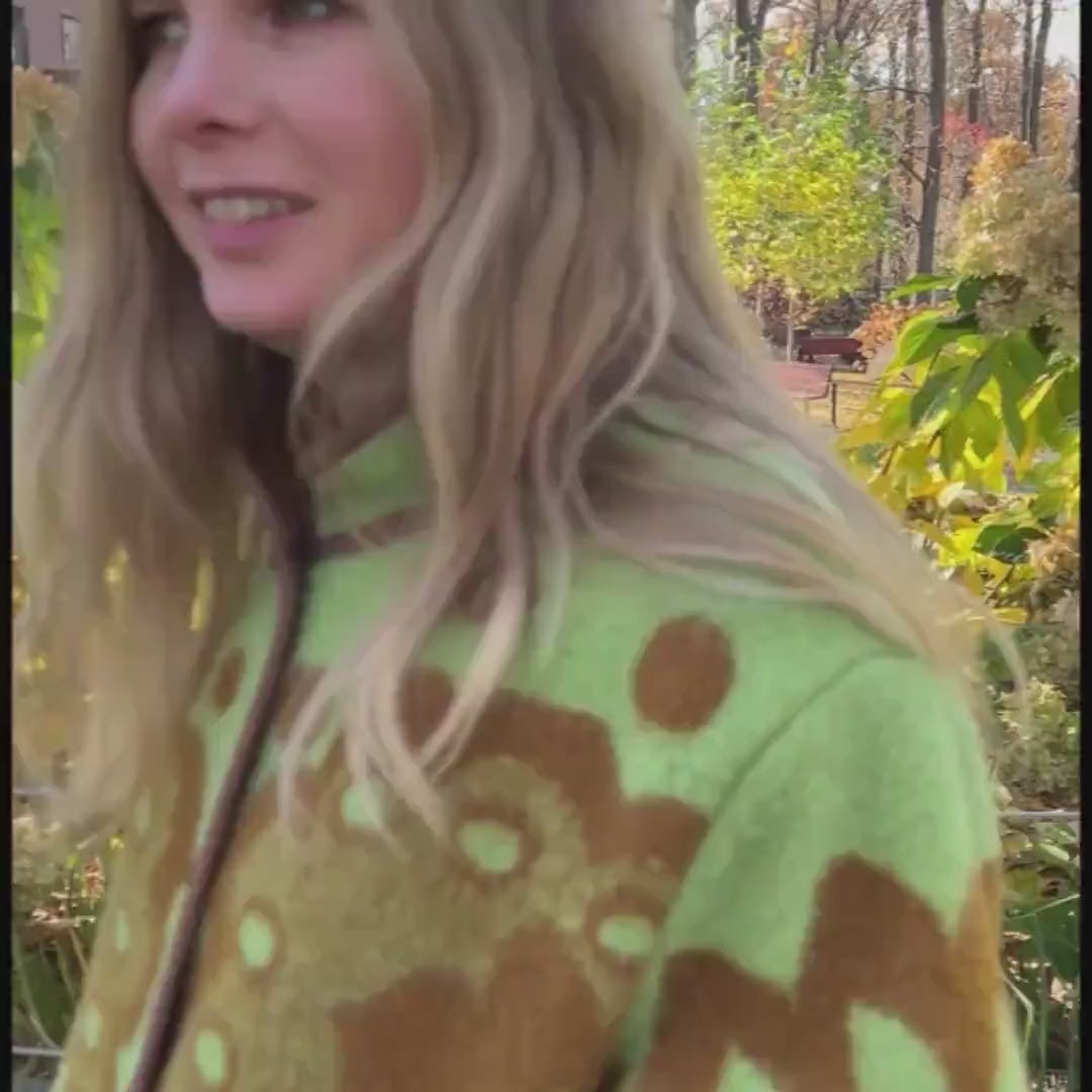 Vintage Blanket Jacket with Pockets and Lining, Upcycled Wool Coat, Green Brown Floral Size 44