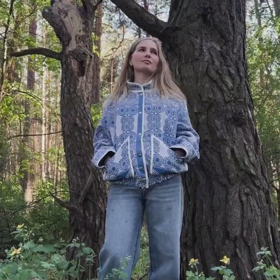 Vintage Cotton Coverlet Jacket, Boho Quilted Bomber, Upcycled Heritage Blue White (M-L)
