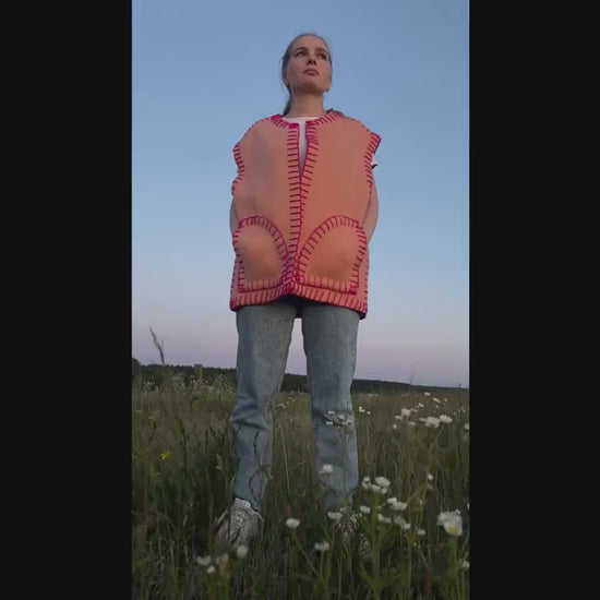 Vintage wool vest L 50 size, Upcycled blanket vest, Handmade oversized sleeveless jacket, Orange pink boho vest Gift for her, reworked vest,