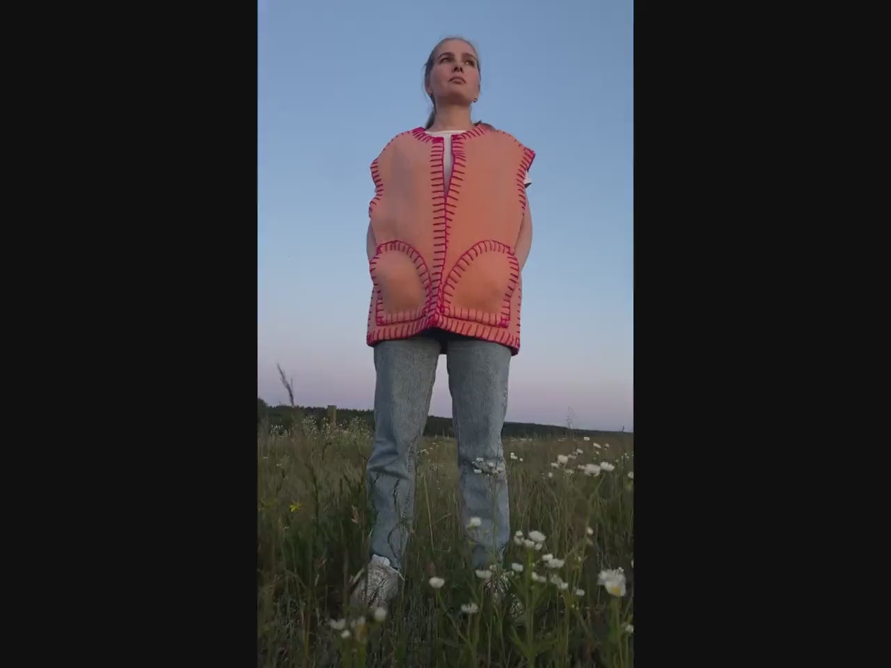 Vintage wool vest L 50 size, Upcycled blanket vest, Handmade oversized sleeveless jacket, Orange pink boho vest Gift for her, reworked vest,