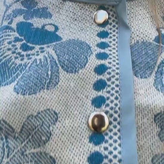 Upcycled Vintage Coverlet Jacket, Blue Floral Patchwork, Boho Bomber Style Coat size M L