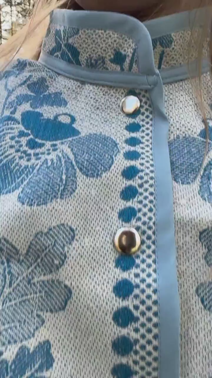 Upcycled Vintage Coverlet Jacket, Blue Floral Patchwork, Boho Bomber Style Coat size M L