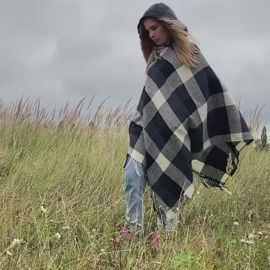 Wool Poncho with Hood from Upcycled Blanket, Oversized Wool Cape 107×122 cm Black White Checkered, plaid hooded poncho,openfront wool poncho