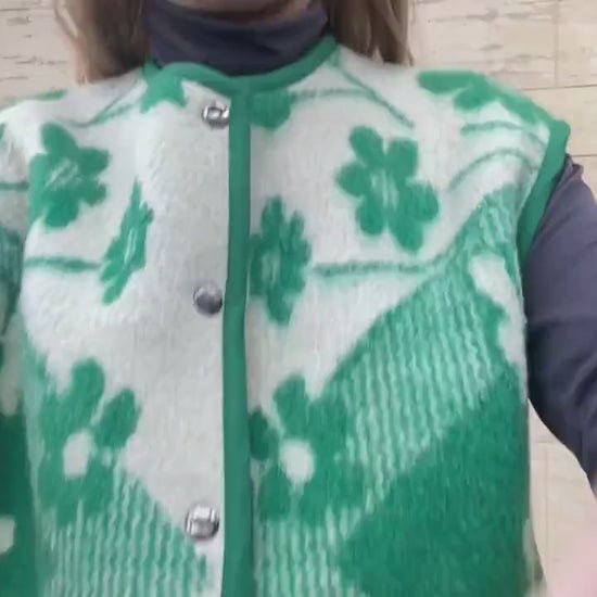 Handmade Upcycled Wool Vest, Green Floral Blanket, Size M