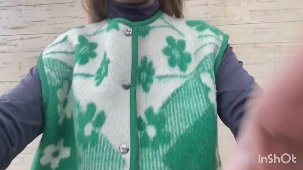 Handmade Upcycled Wool Vest, Green Floral Blanket, Size M