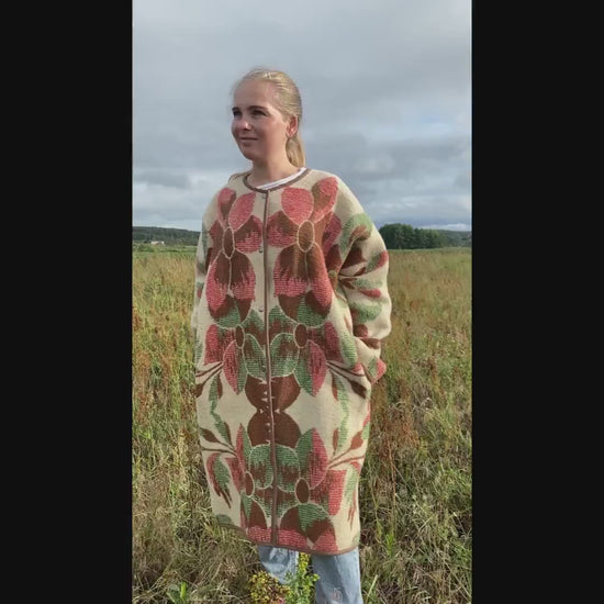 Upcycled Wool Blanket Coat, Floral Tapestry, Boho Overcoat, M/L