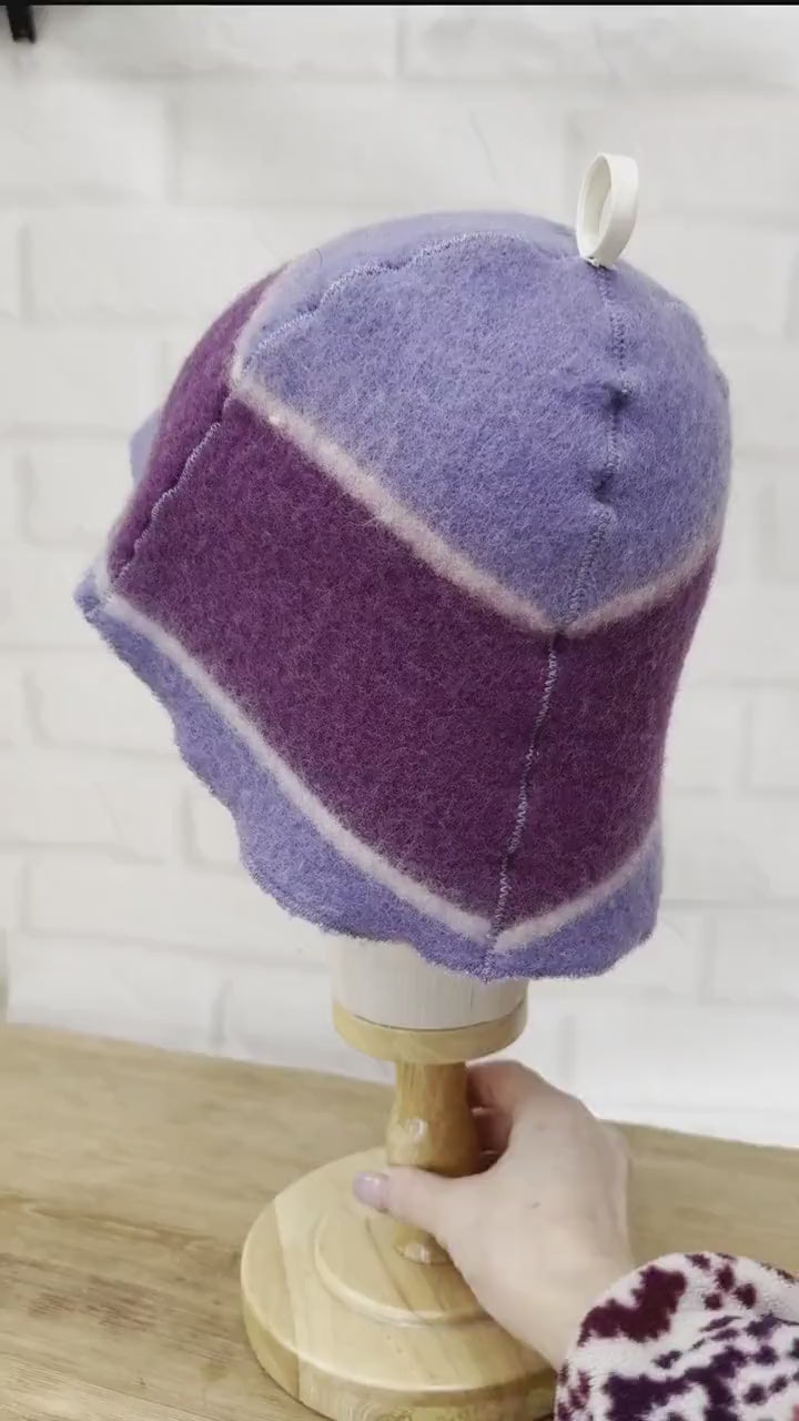 Purple Striped Wool Sauna Hat , Natural Felted Wool Bath Cap for Banya , Sauna Thermal Protection Accessories , Handmade Spa Gift for Women