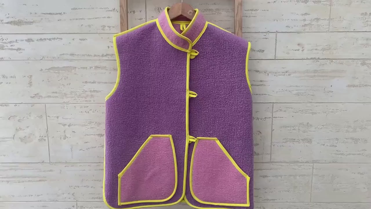 Upcycled Wool Blanket Vest, Lilac & Pink, Size M